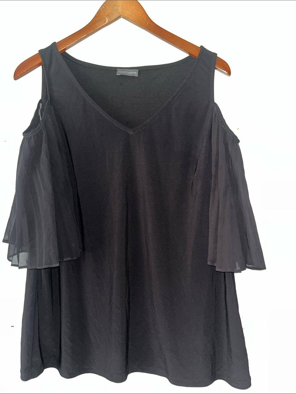 Studio C Black Cold-Shoulder Blouse with Sheer Flutter Sleeves